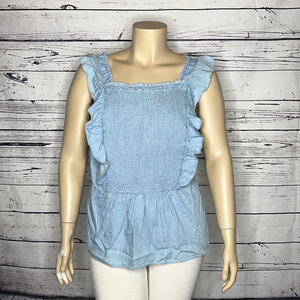 Old Navy NWT Size 3X Blue Chambray Ruffle Smock Elastic Tank Top Blouse